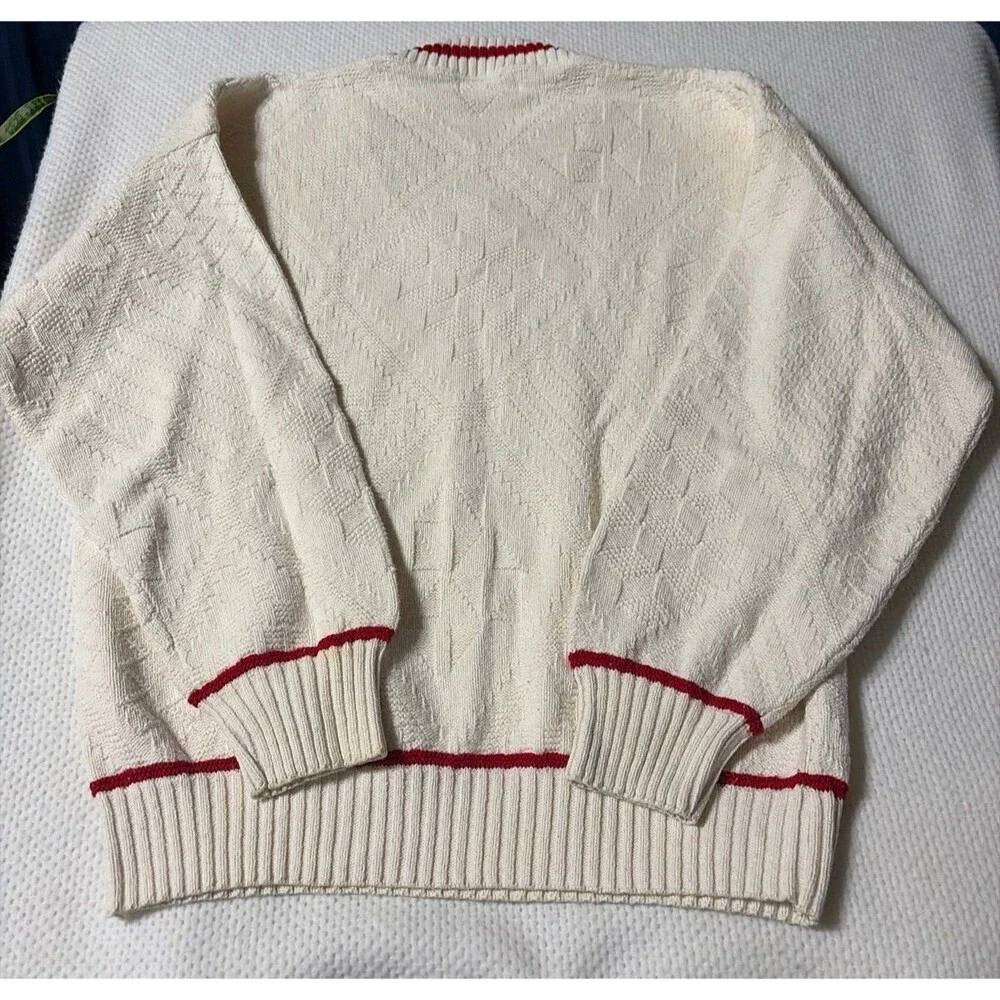 Vintage Seth Roberts USA 100% Cotton Textured V-Neck Sweater Cream Red Trim Men